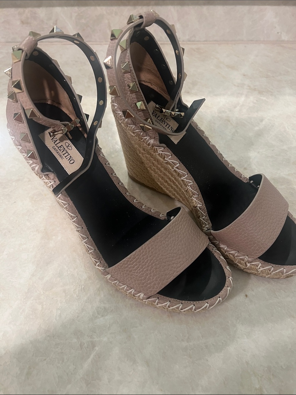 Valentino Blush Leather Rockstud Espadrille Wedges